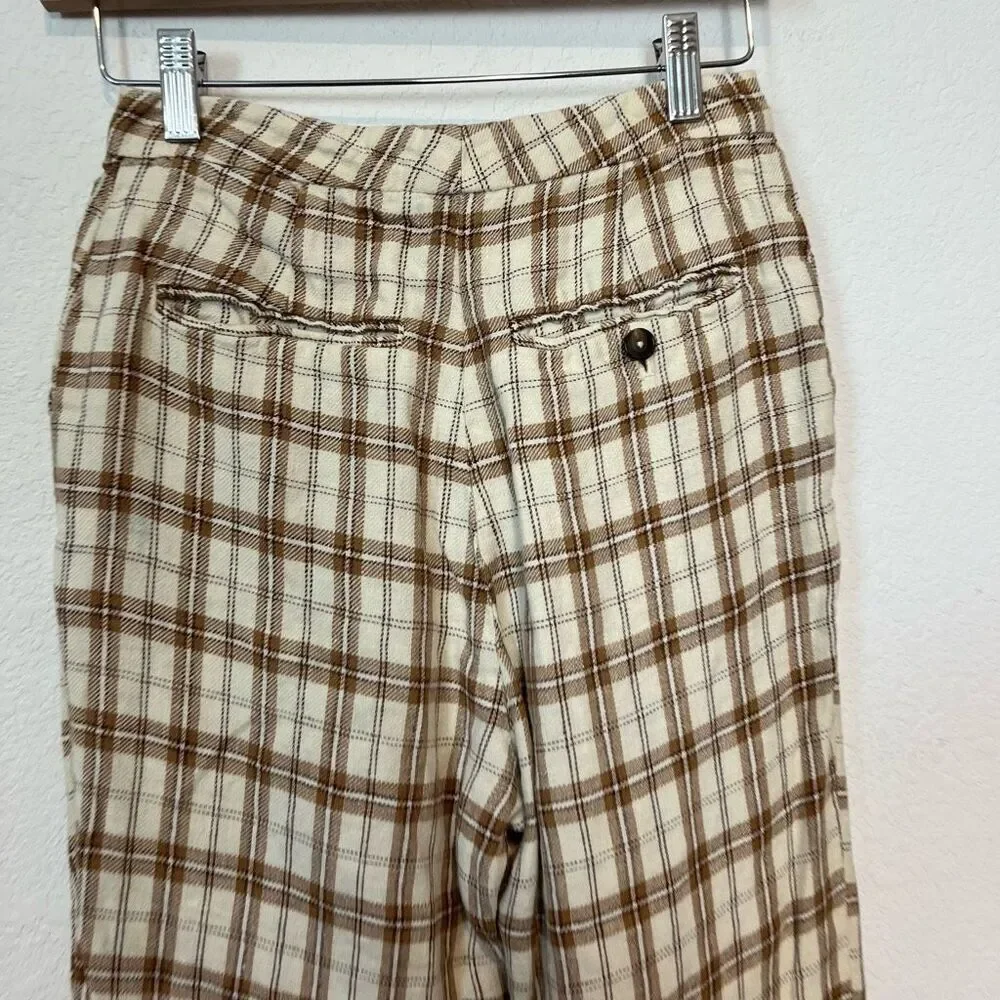 Reformation Verano Beige Plaid Cropped High Waisted Pants Women's Size 2